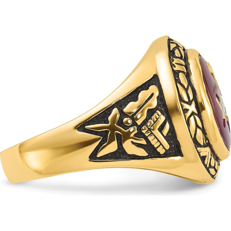 14K Yellow Gold Men's Masonic Ring with 12x10mm Oval Lab Created Ruby and Antiqued Detailing by IBGoodman