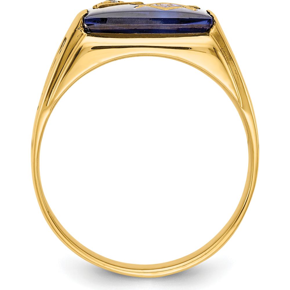 14K Yellow Gold Men's Masonic Ring with Blue Spinel Cushion and AA Quality Diamond - 0.02 Carat Total Diamond Weight by IBGoodman