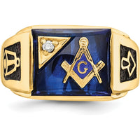 14K Yellow Gold Men's Masonic Ring with Blue Spinel Cushion and AA Quality Diamond - 0.02 Carat Total Diamond Weight by IBGoodman