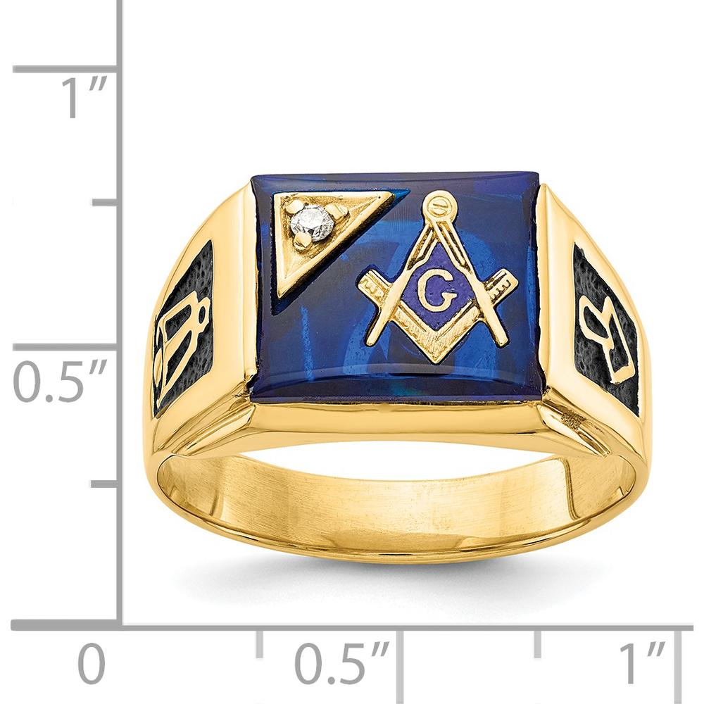 14K Yellow Gold Men's Masonic Ring with Blue Spinel Cushion and AA Quality Diamond - 0.02 Carat Total Diamond Weight by IBGoodman