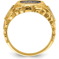 14K Yellow Gold Men's Masonic Ring with Cushion-Cut Lab Created Sapphire and Blue Enamel Accents by IBGoodman