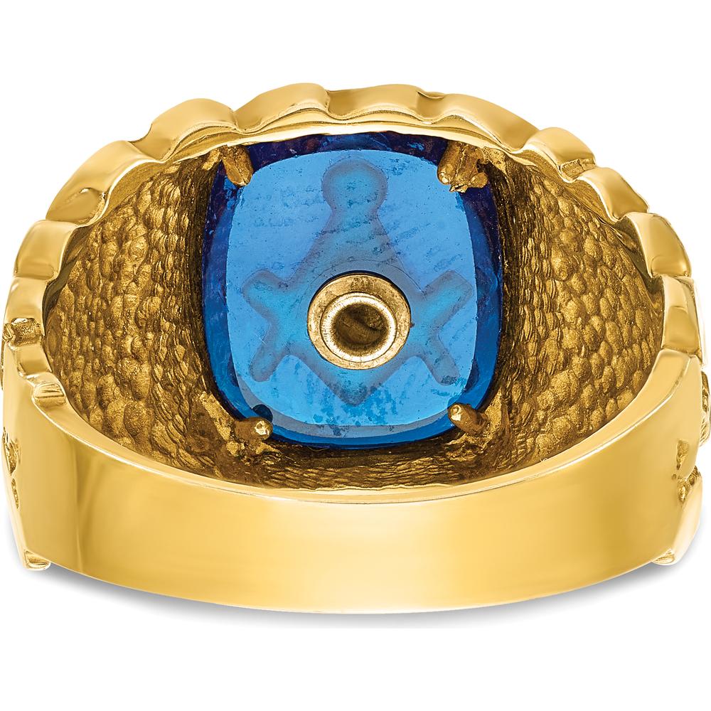 14K Yellow Gold Men's Masonic Ring with Cushion-Cut Lab Created Sapphire and Blue Enamel Accents by IBGoodman