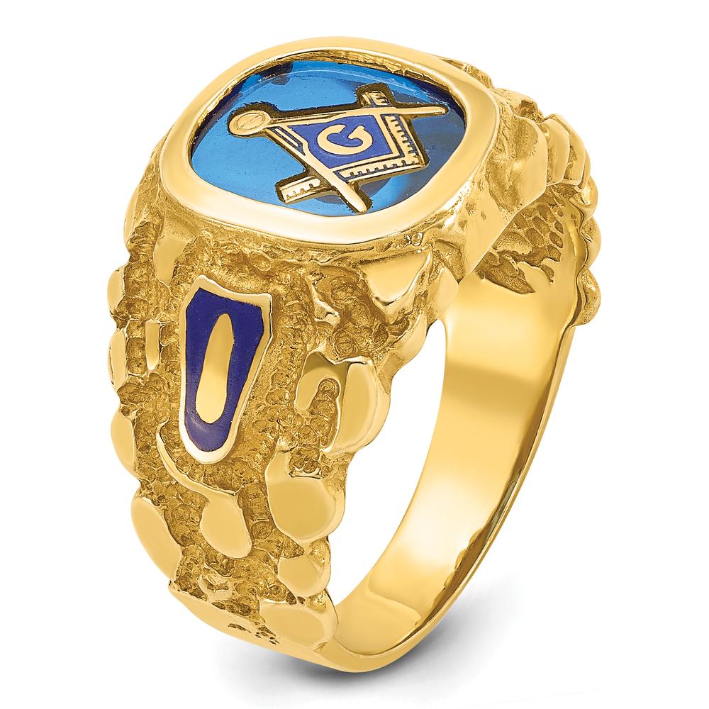 14K Yellow Gold Men's Masonic Ring with Cushion-Cut Lab Created Sapphire and Blue Enamel Accents by IBGoodman
