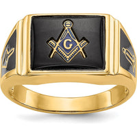 14K Yellow Gold Men's Masonic Ring with Cushion Cut Onyx and Black Enamel Accents by Monteluci Fine Jewelry
