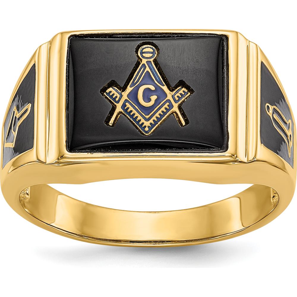 14K Yellow Gold Men's Masonic Ring with Cushion Cut Onyx and Black Enamel Accents by Monteluci Fine Jewelry