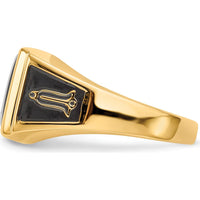 14K Yellow Gold Men's Masonic Ring with Cushion Cut Onyx and Black Enamel Accents by Monteluci Fine Jewelry