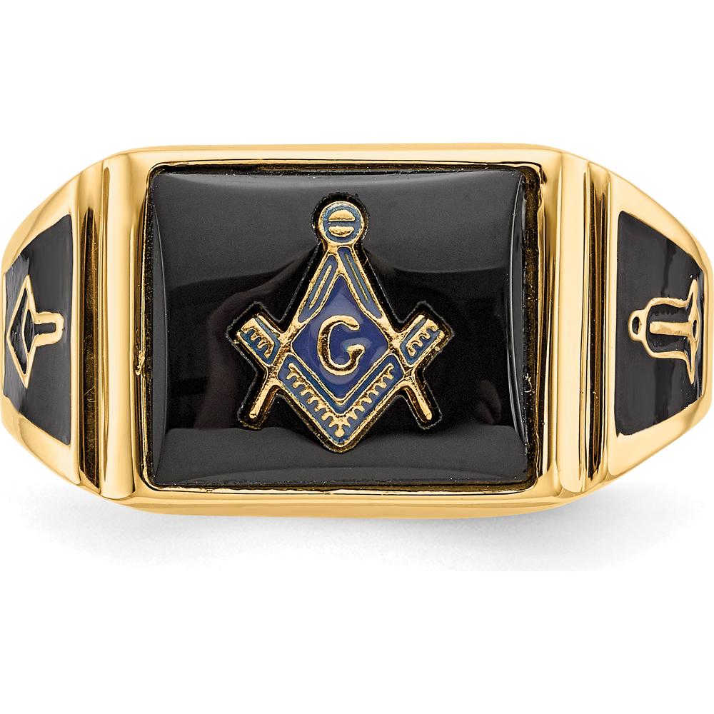 14K Yellow Gold Men's Masonic Ring with Cushion Cut Onyx and Black Enamel Accents by Monteluci Fine Jewelry