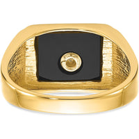 14K Yellow Gold Men's Masonic Ring with Cushion Cut Onyx and Black Enamel Accents by Monteluci Fine Jewelry