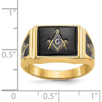14K Yellow Gold Men's Masonic Ring with Cushion Cut Onyx and Black Enamel Accents by Monteluci Fine Jewelry