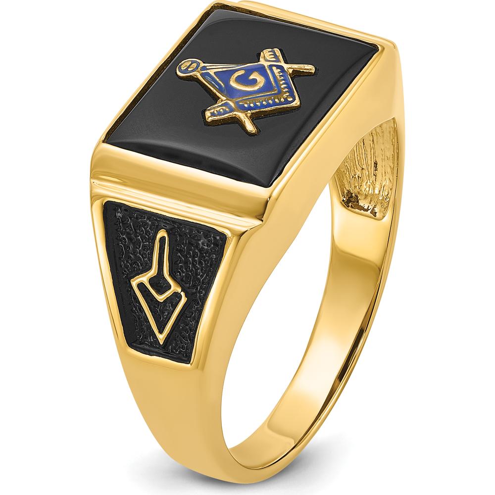 14K Yellow Gold Men's Masonic Ring with Cushion Cut Onyx and Black Enamel Accents by Monteluci Fine Jewelry