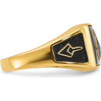 14K Yellow Gold Men's Masonic Ring with Cushion Cut Onyx and Black Enamel Accents by Monteluci Fine Jewelry