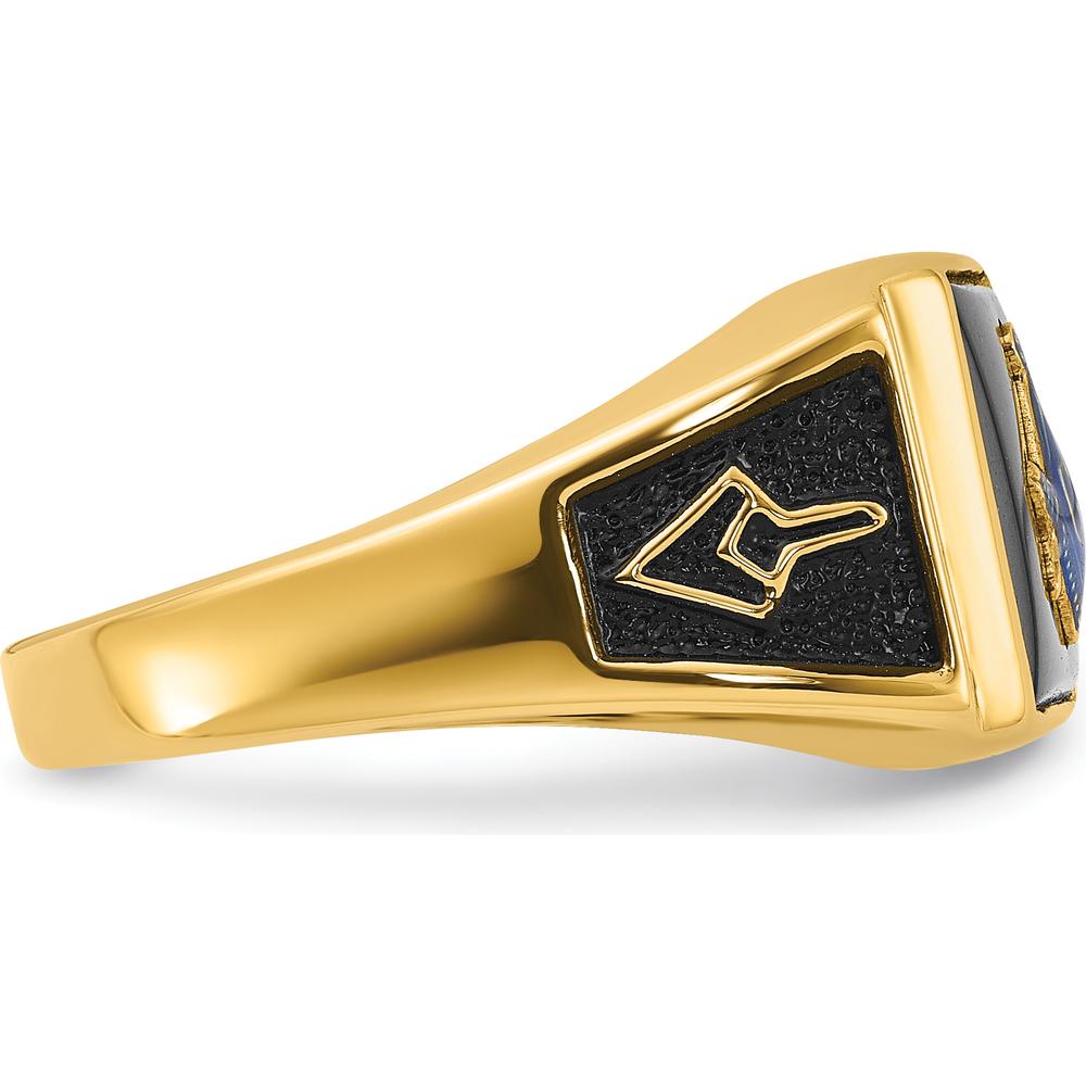 14K Yellow Gold Men's Masonic Ring with Cushion Cut Onyx and Black Enamel Accents by Monteluci Fine Jewelry