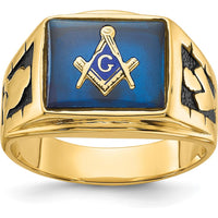 14K Yellow Gold Men's Masonic Ring with Cushion-Shaped Lab-Created Blue Spinel by IBGoodman