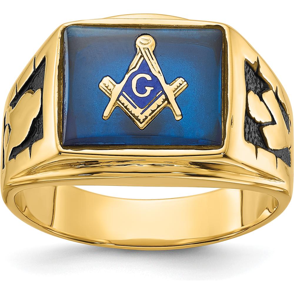14K Yellow Gold Men's Masonic Ring with Cushion-Shaped Lab-Created Blue Spinel by IBGoodman