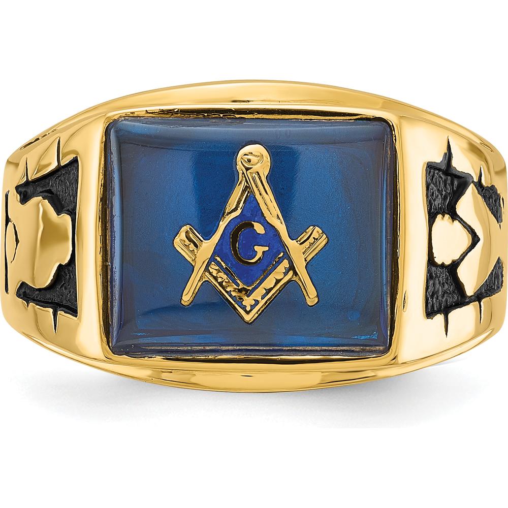 14K Yellow Gold Men's Masonic Ring with Cushion-Shaped Lab-Created Blue Spinel by IBGoodman