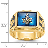 14K Yellow Gold Men's Masonic Ring with Cushion-Shaped Lab-Created Blue Spinel by IBGoodman
