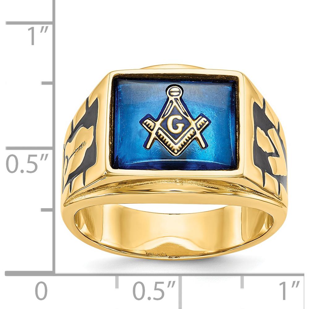 14K Yellow Gold Men's Masonic Ring with Cushion-Shaped Lab-Created Blue Spinel by IBGoodman