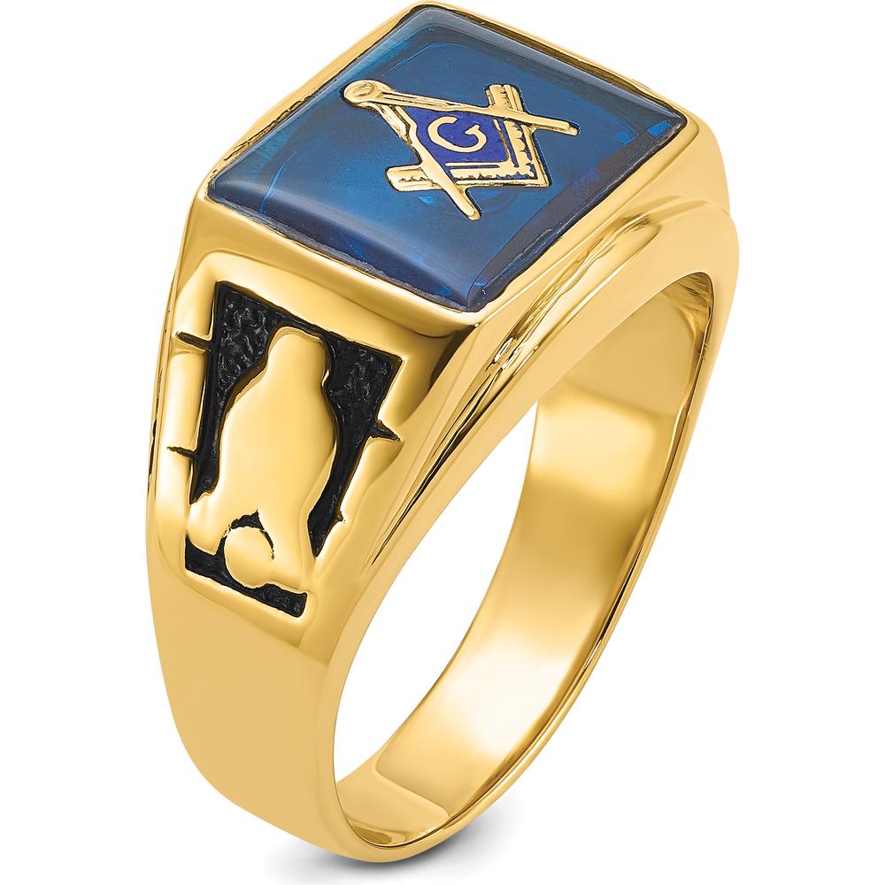 14K Yellow Gold Men's Masonic Ring with Cushion-Shaped Lab-Created Blue Spinel by IBGoodman