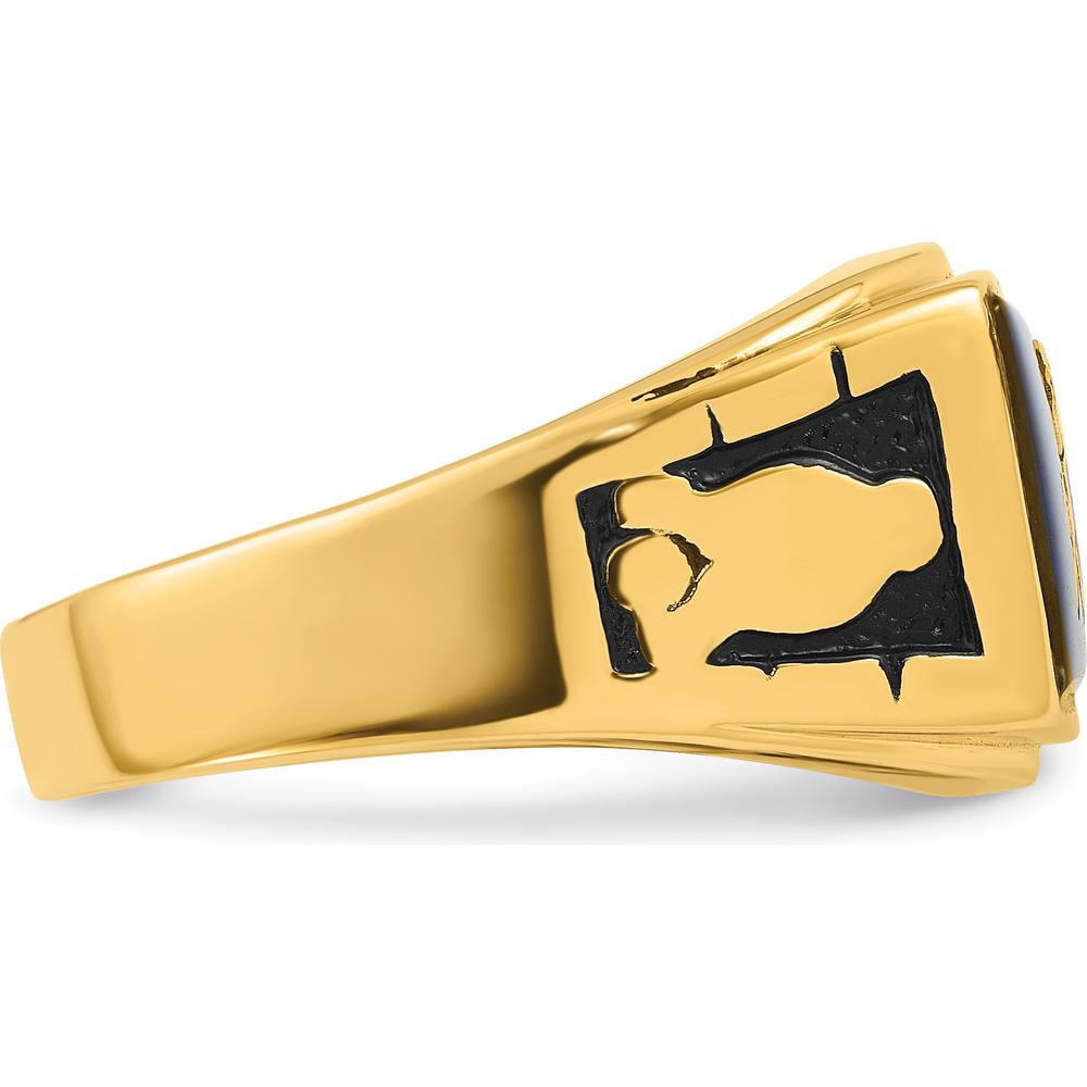 14K Yellow Gold Men's Masonic Ring with Cushion-Shaped Lab-Created Blue Spinel by IBGoodman