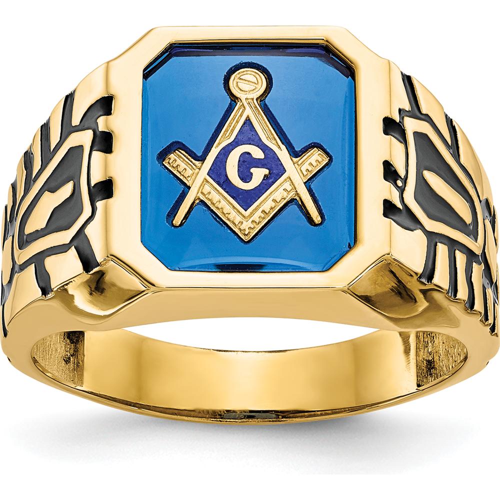 14K Yellow Gold Men's Masonic Ring with Imitation Blue Spinel - 12x10mm Octagon Shape by IBGoodman