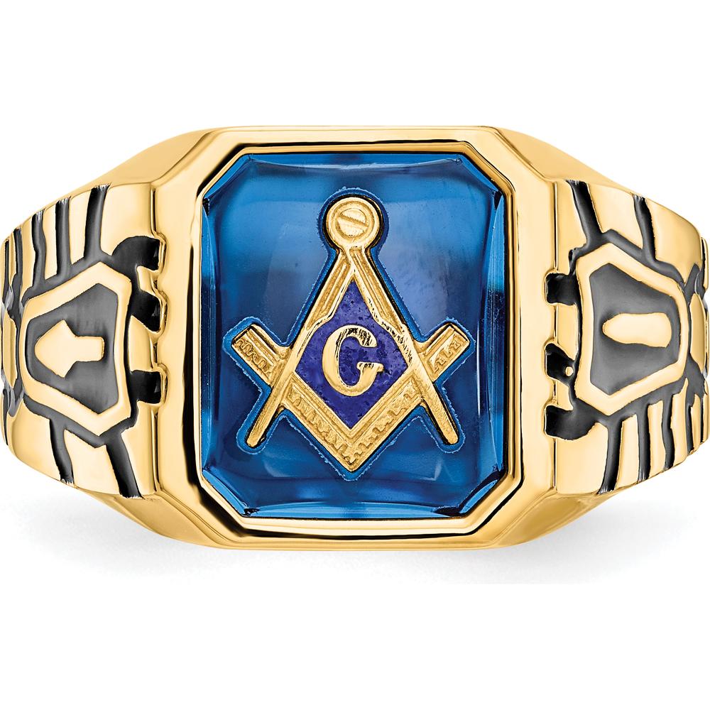 14K Yellow Gold Men's Masonic Ring with Imitation Blue Spinel - 12x10mm Octagon Shape by IBGoodman
