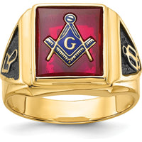 14K Yellow Gold Men's Masonic Ring with Lab Created Cushion Cut Ruby - 12x10mm by IBGoodman