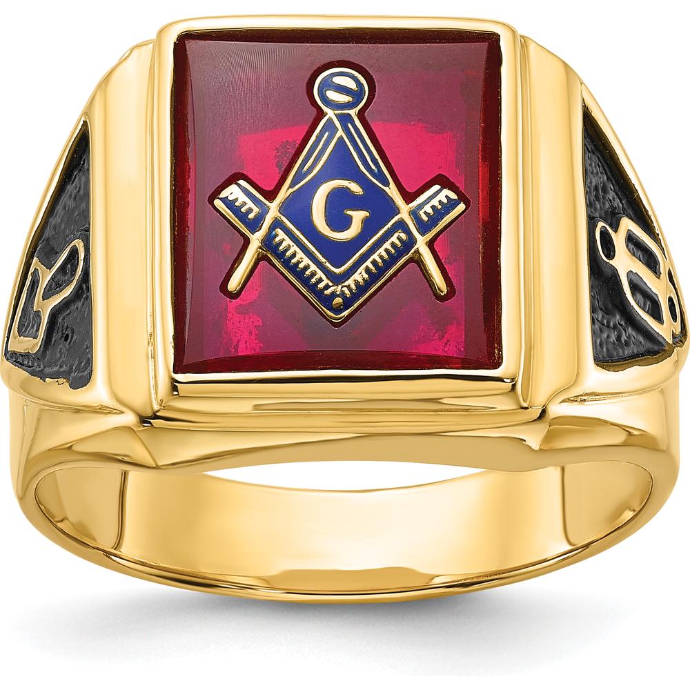 14K Yellow Gold Men's Masonic Ring with Lab Created Cushion Cut Ruby - 12x10mm by IBGoodman