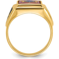 14K Yellow Gold Men's Masonic Ring with Lab Created Cushion Cut Ruby - 12x10mm by IBGoodman