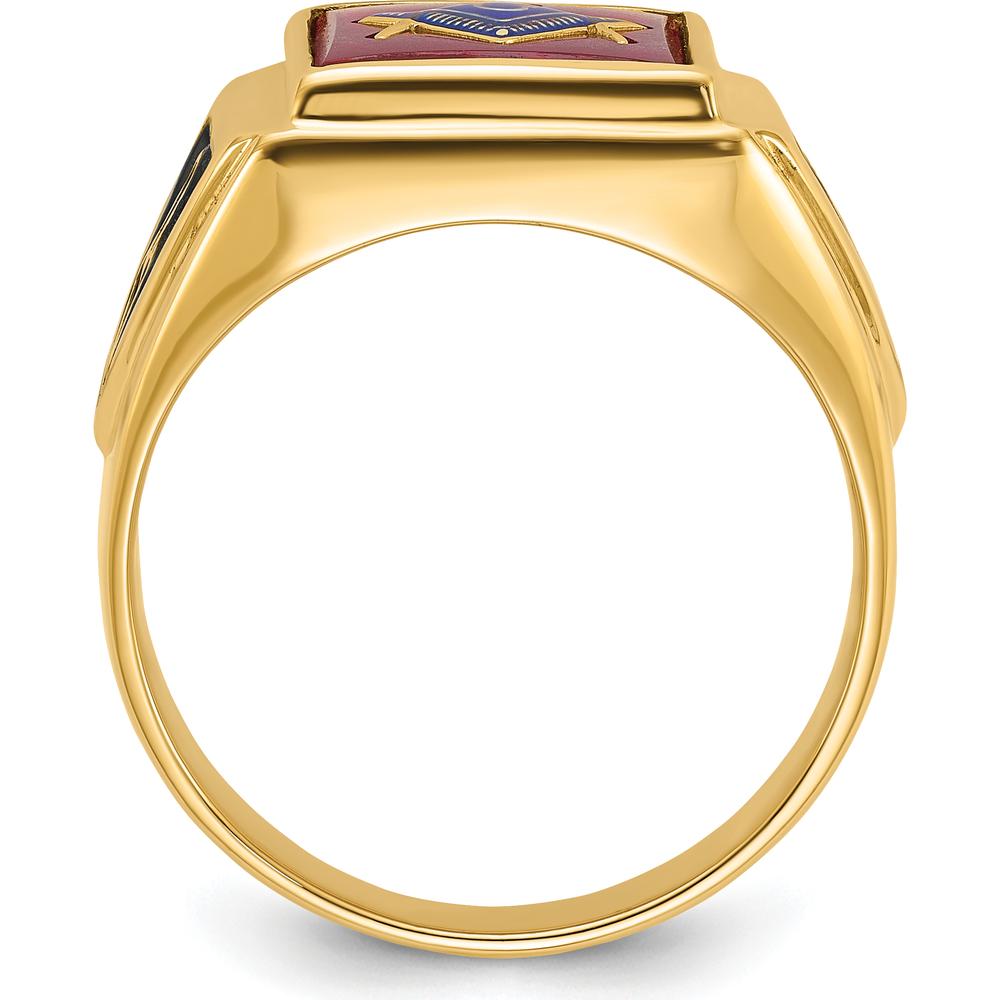 14K Yellow Gold Men's Masonic Ring with Lab Created Cushion Cut Ruby - 12x10mm by IBGoodman