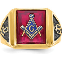 14K Yellow Gold Men's Masonic Ring with Lab Created Cushion Cut Ruby - 12x10mm by IBGoodman