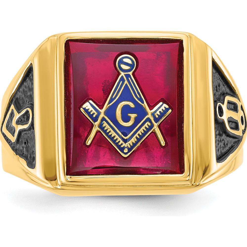 14K Yellow Gold Men's Masonic Ring with Lab Created Cushion Cut Ruby - 12x10mm by IBGoodman