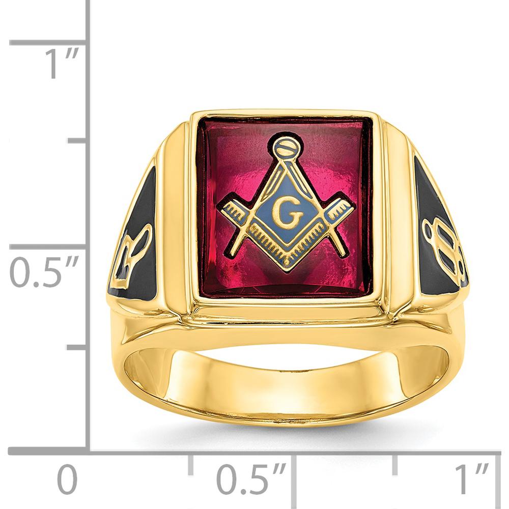 14K Yellow Gold Men's Masonic Ring with Lab Created Cushion Cut Ruby - 12x10mm by IBGoodman