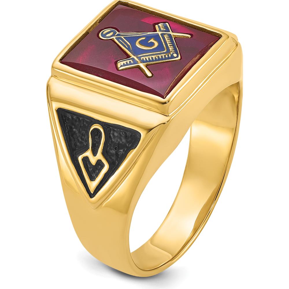 14K Yellow Gold Men's Masonic Ring with Lab Created Cushion Cut Ruby - 12x10mm by IBGoodman