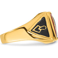 14K Yellow Gold Men's Masonic Ring with Lab Created Cushion Cut Ruby - 12x10mm by IBGoodman