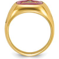 14K Yellow Gold Men's Masonic Ring with Lab-Created Cushion Ruby - 14x12mm