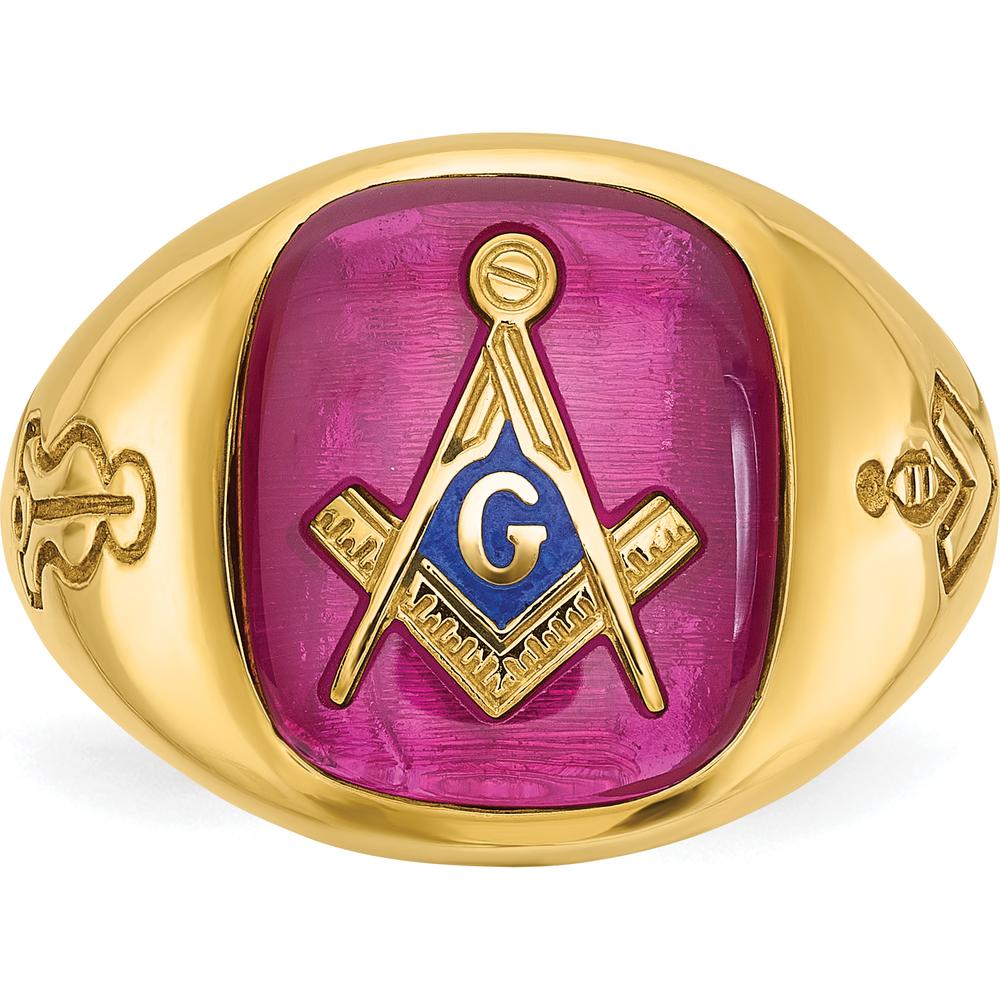 14K Yellow Gold Men's Masonic Ring with Lab-Created Cushion Ruby - 14x12mm