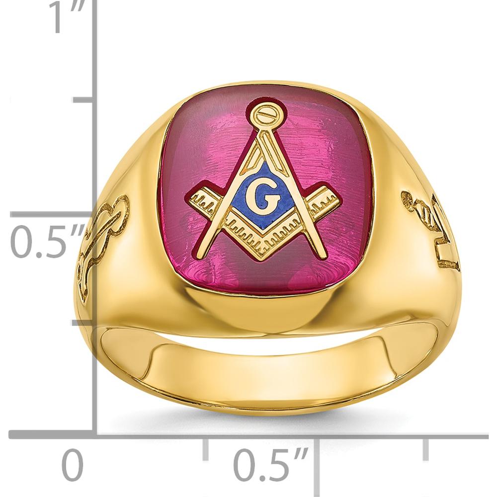 14K Yellow Gold Men's Masonic Ring with Lab-Created Cushion Ruby - 14x12mm
