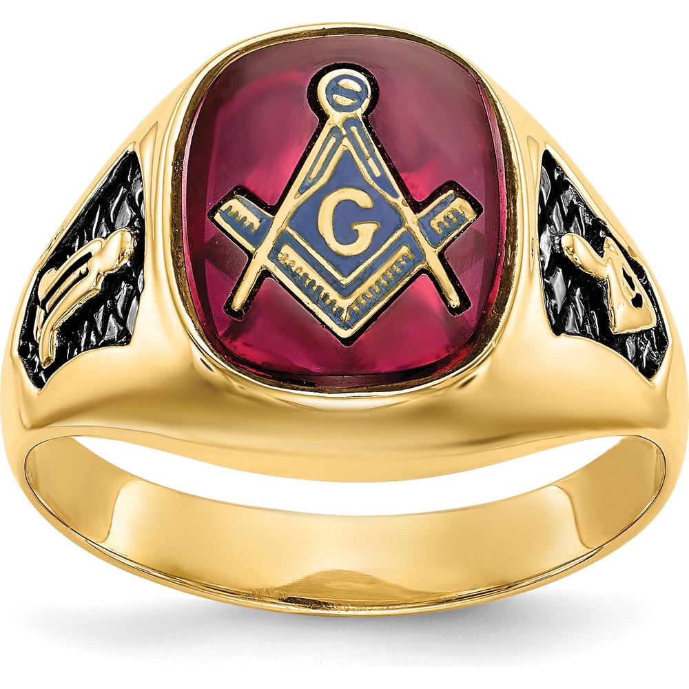 14K Yellow Gold Men's Masonic Ring with Lab Created Ruby Cushion Cut - 12x10mm Red Ruby by IBGoodman