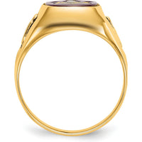 14K Yellow Gold Men's Masonic Ring with Lab Created Ruby Cushion Cut - 12x10mm Red Ruby by IBGoodman