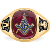 14K Yellow Gold Men's Masonic Ring with Lab Created Ruby Cushion Cut - 12x10mm Red Ruby by IBGoodman