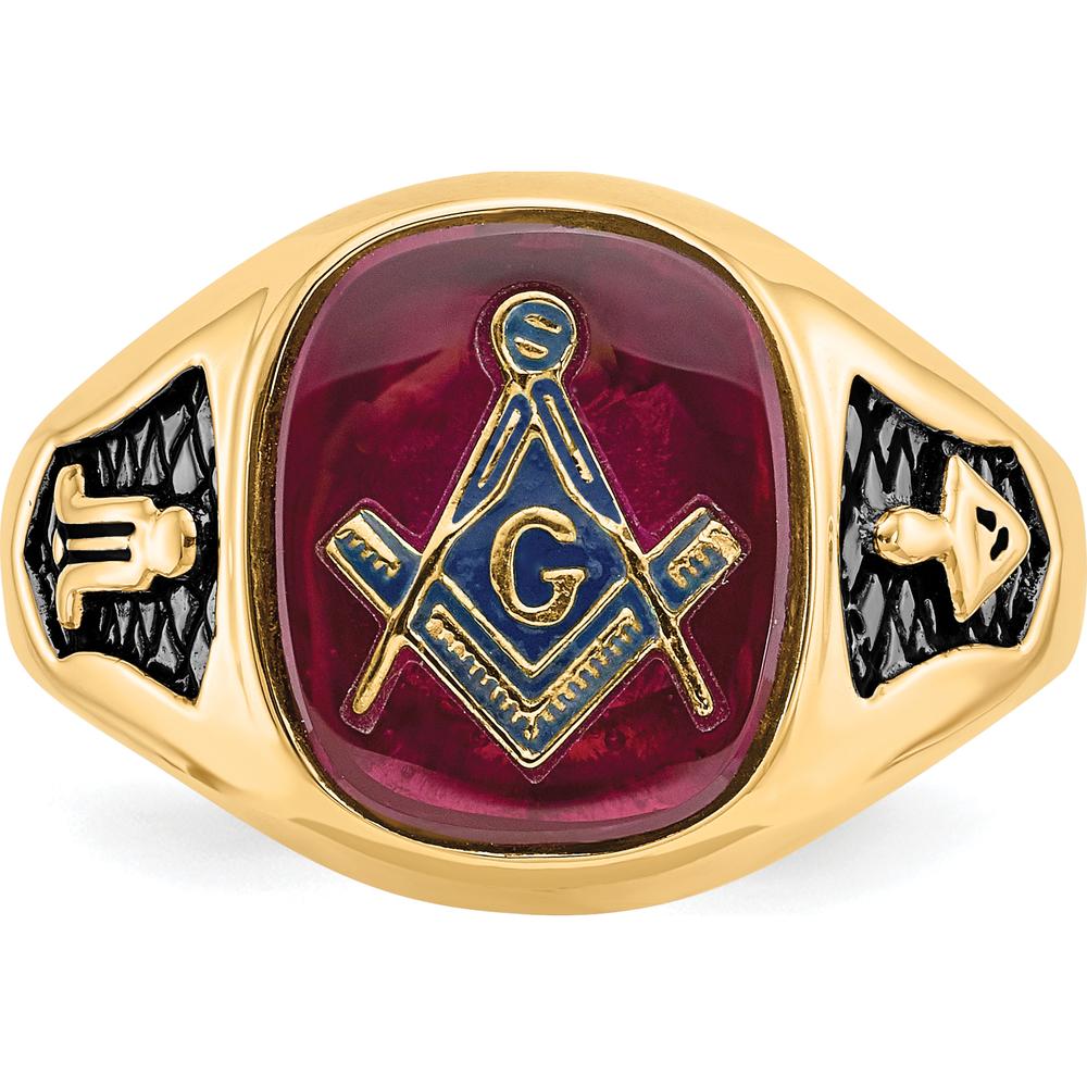 14K Yellow Gold Men's Masonic Ring with Lab Created Ruby Cushion Cut - 12x10mm Red Ruby by IBGoodman