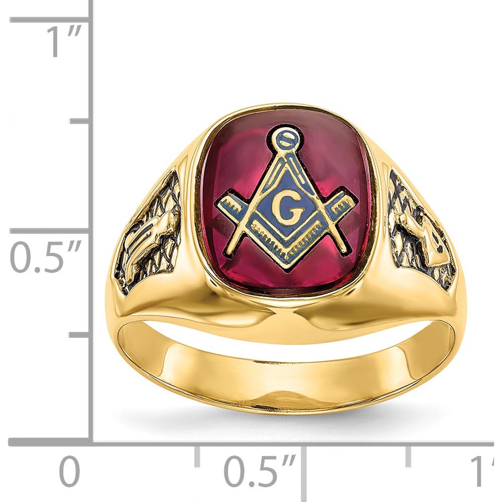 14K Yellow Gold Men's Masonic Ring with Lab Created Ruby Cushion Cut - 12x10mm Red Ruby by IBGoodman