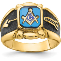 14K Yellow Gold Men's Masonic Ring with Octagon-Cut Imitation Blue Spinel and Antiqued Textured Finish by IBGoodman