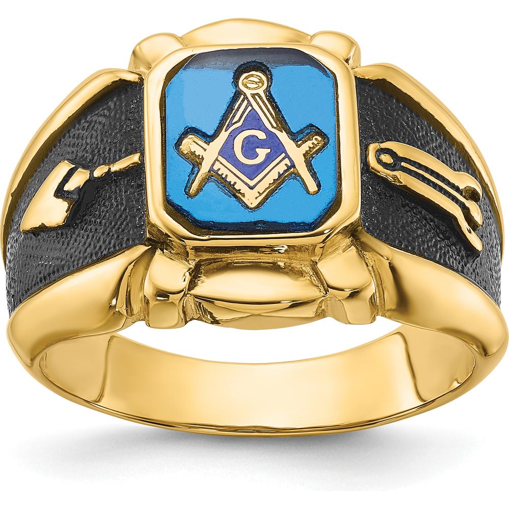 14K Yellow Gold Men's Masonic Ring with Octagon-Cut Imitation Blue Spinel and Antiqued Textured Finish by IBGoodman