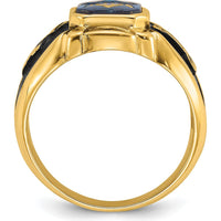 14K Yellow Gold Men's Masonic Ring with Octagon-Cut Imitation Blue Spinel and Antiqued Textured Finish by IBGoodman