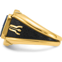 14K Yellow Gold Men's Masonic Ring with Octagon-Cut Imitation Blue Spinel and Antiqued Textured Finish by IBGoodman
