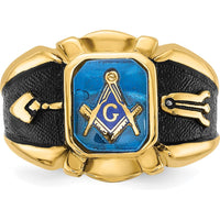 14K Yellow Gold Men's Masonic Ring with Octagon-Cut Imitation Blue Spinel and Antiqued Textured Finish by IBGoodman