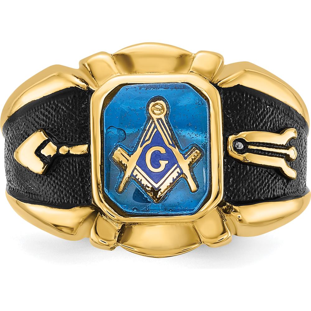 14K Yellow Gold Men's Masonic Ring with Octagon-Cut Imitation Blue Spinel and Antiqued Textured Finish by IBGoodman