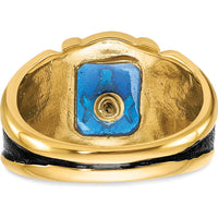 14K Yellow Gold Men's Masonic Ring with Octagon-Cut Imitation Blue Spinel and Antiqued Textured Finish by IBGoodman