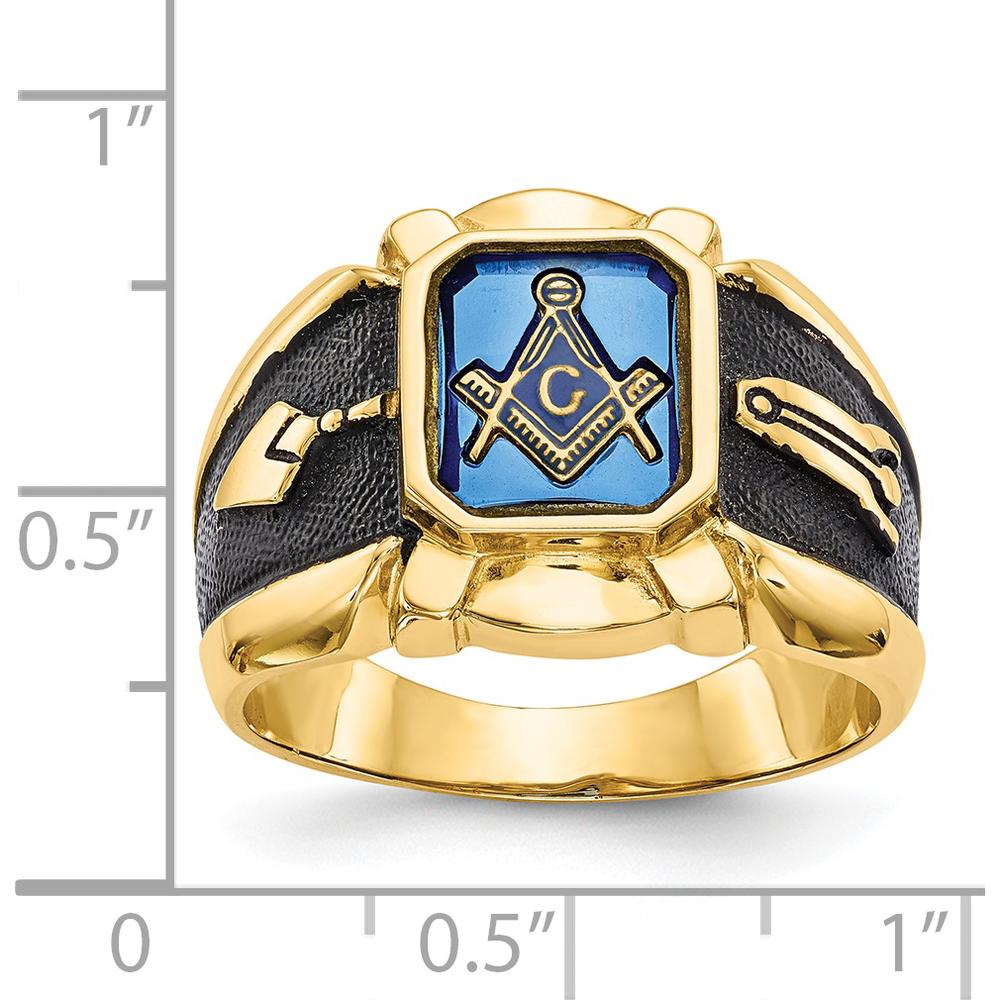 14K Yellow Gold Men's Masonic Ring with Octagon-Cut Imitation Blue Spinel and Antiqued Textured Finish by IBGoodman